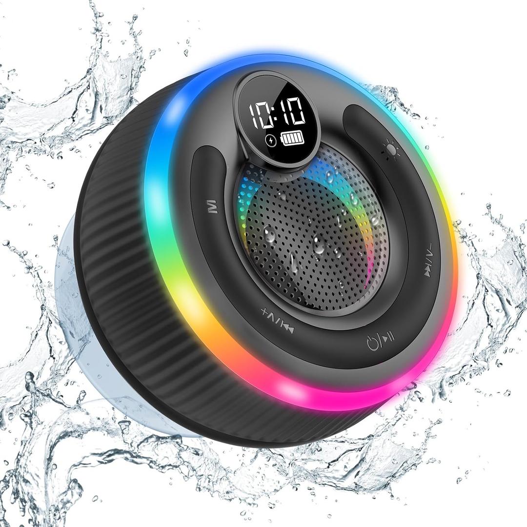 Bluetooth Speaker, Shower Speaker Stereo Sound, IPX7 Waterproof Speakers, Digital Display Portable Speaker with Suction Cup, LED Light, Small Wireless Speakers for Outdoor Party Beach Bathroom, Black