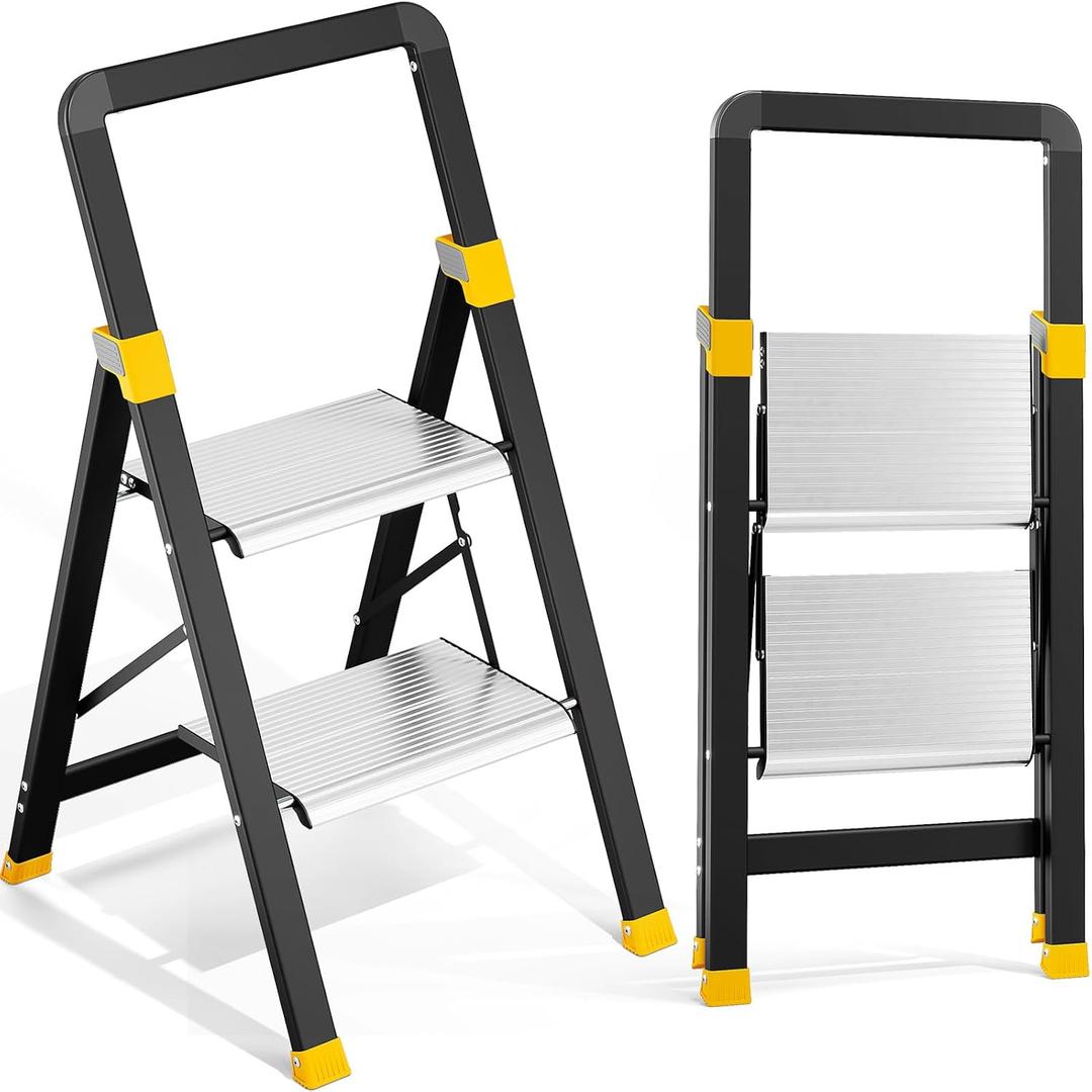 Urackify 2 Folding Step Ladder, Aluminium Step Stool with Anti-Slip Pedals, Handrail, 330lbs Capacity, Sturdy & Portable for Home and Kitchen, Silver