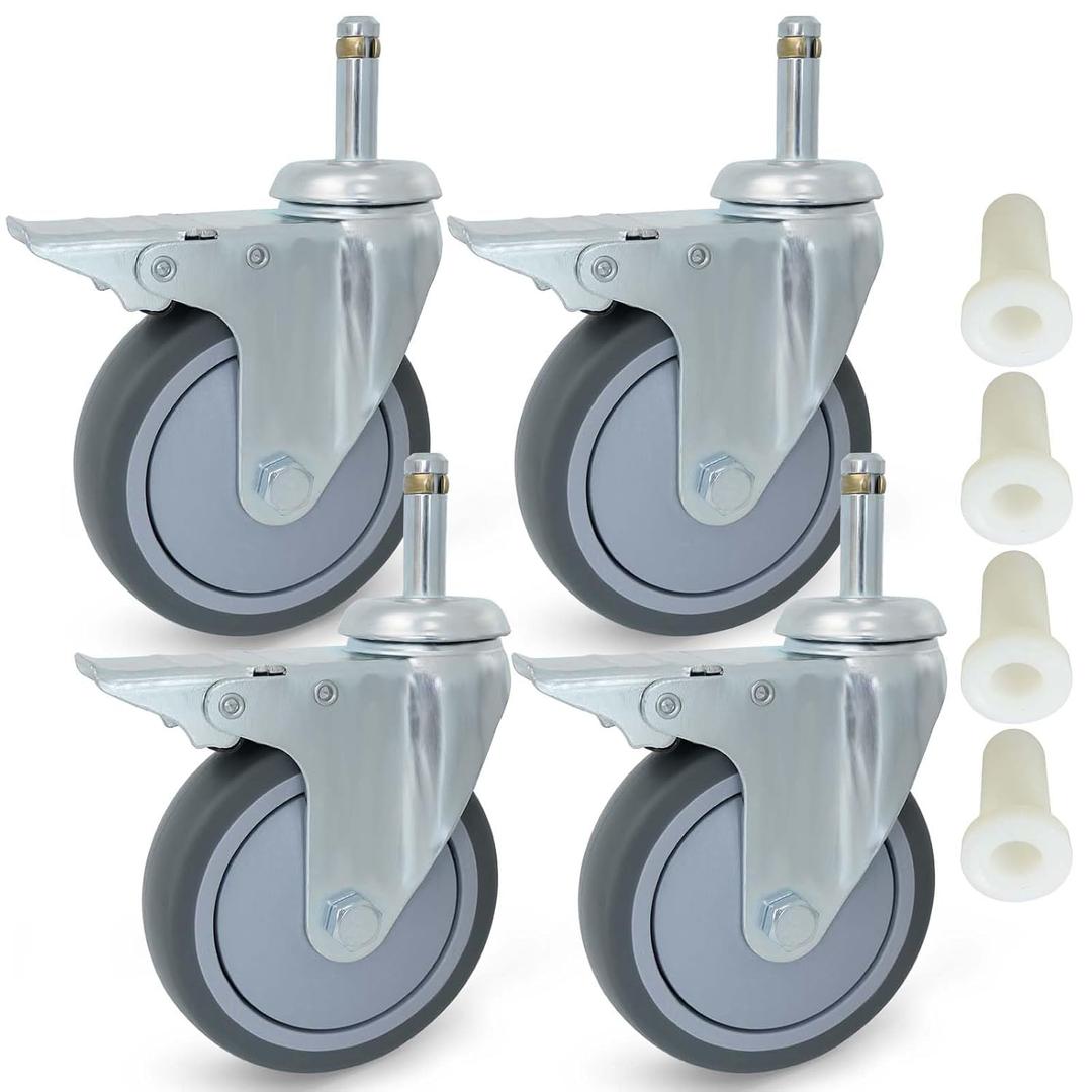 MySit 4 Inch TPR Rubber Caster Wheel with Brake for Rubbermaid Mop Bucket Shop Vac Weber Grill Swivel Stem Caster 7/16" x 1-3/8" Stem, Pack of 4
