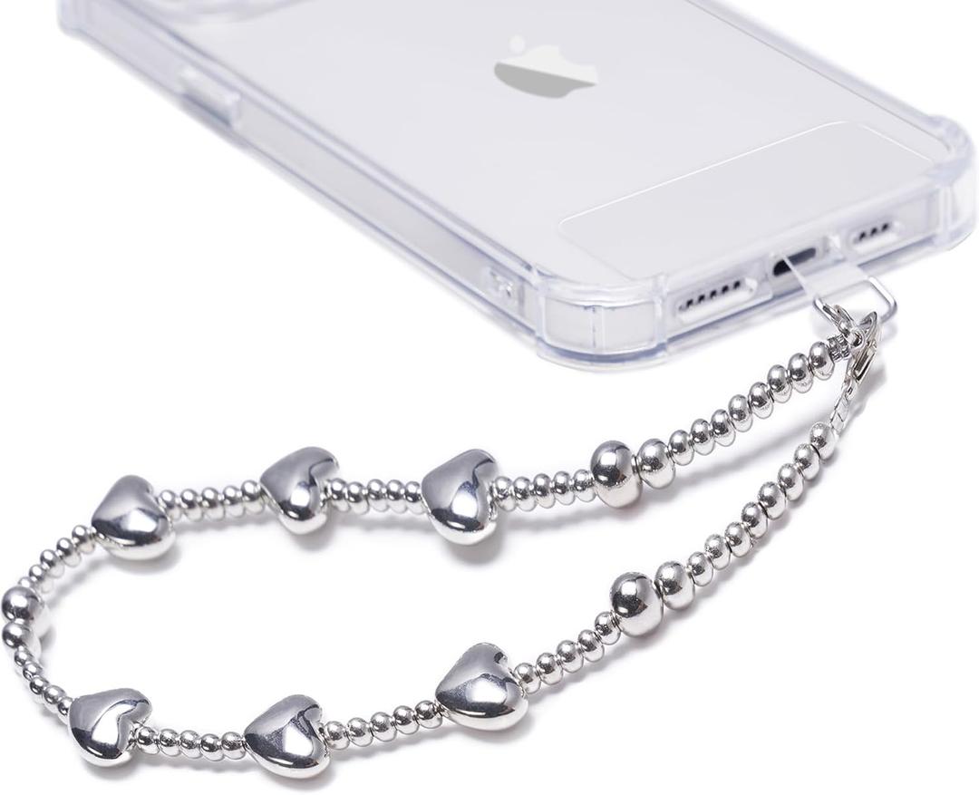 GVIEWIN Phone Charm Beaded Wrist Strap with Tether Tab, [Hands-Free & Anti-drop] Detachable Phone Chain Wristlet for Women Girls for iPhone & Most Smartphones, Silver Love