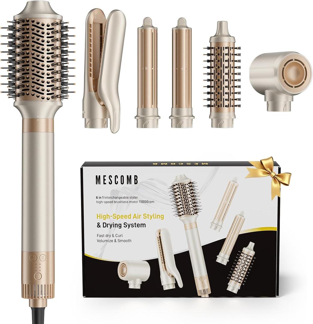 MESCOMB 6-in-1 Hot Air Styler  Hair Dryer with Straightener, Auto Curler & Volumizing Brush for Straightening, Curling, Smoothing & Volume, Damage-Free (Champagne Coffee)