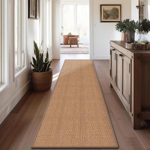 8ft Natural Jute Hallway Runner Rug Non Slip Washable, Rubber Backed Long Indoor Entryway Runner, Absorbent Kitchen Carpet Sink Rug, Camel