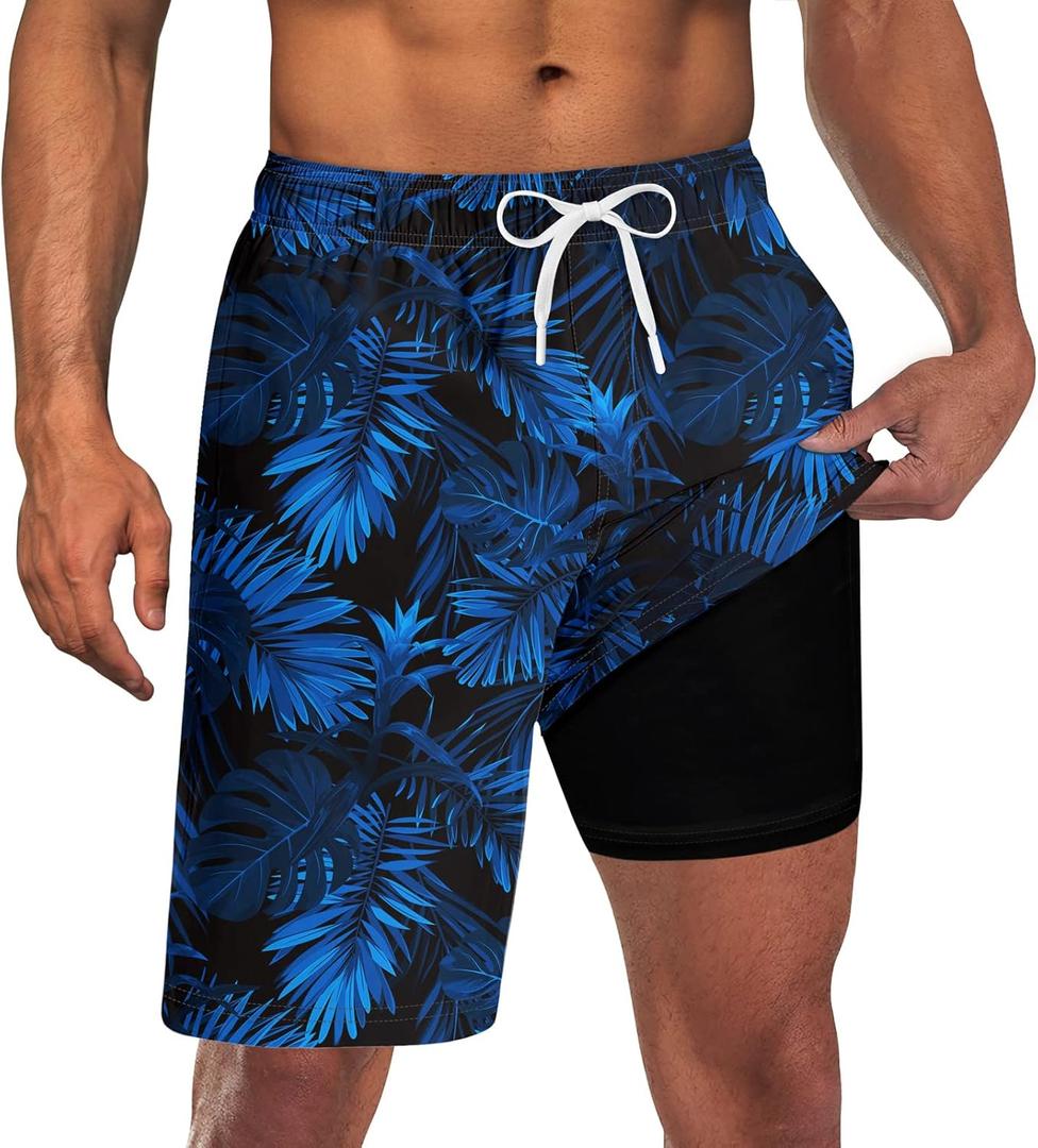 Goodstoworld Men's Funny Swim Trunks with Compression Liner 2 in 1 Quick-Dry 9" Stretch Shorts with Three Pockets (XL)