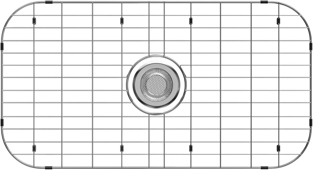iPEGTOP Sink Bottom Grid, Stainless Steel Sink Protector 28"x 15" Centered Drain with Round Corner Radius, Sink Grate for Bottom of Kitchen Single Sink Bowl with Hole Cover, One-Piece