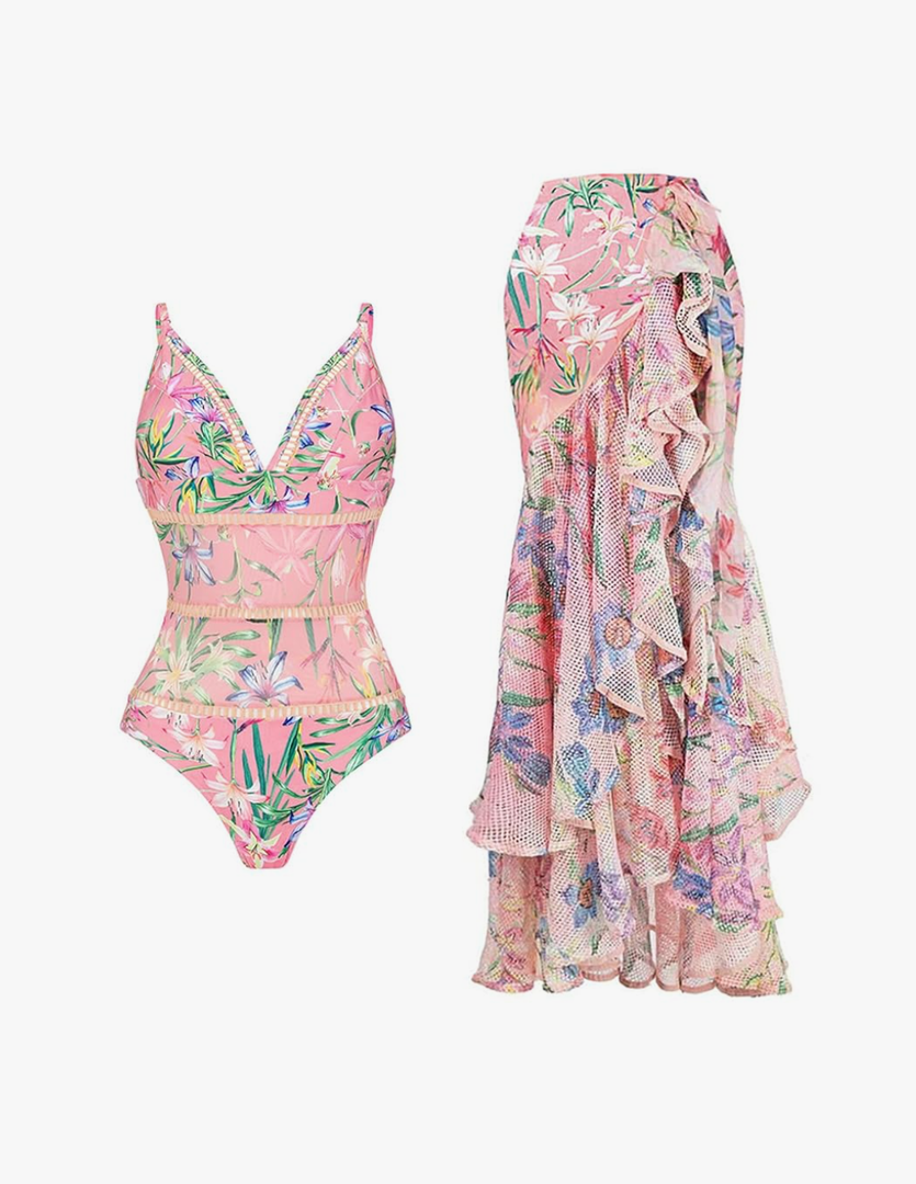 Women's One Piece Swimsuit Floral Print Tummy Control V Neck Bathing Suit with Cover Up Slimming Swimwear Summer Beachwear Small