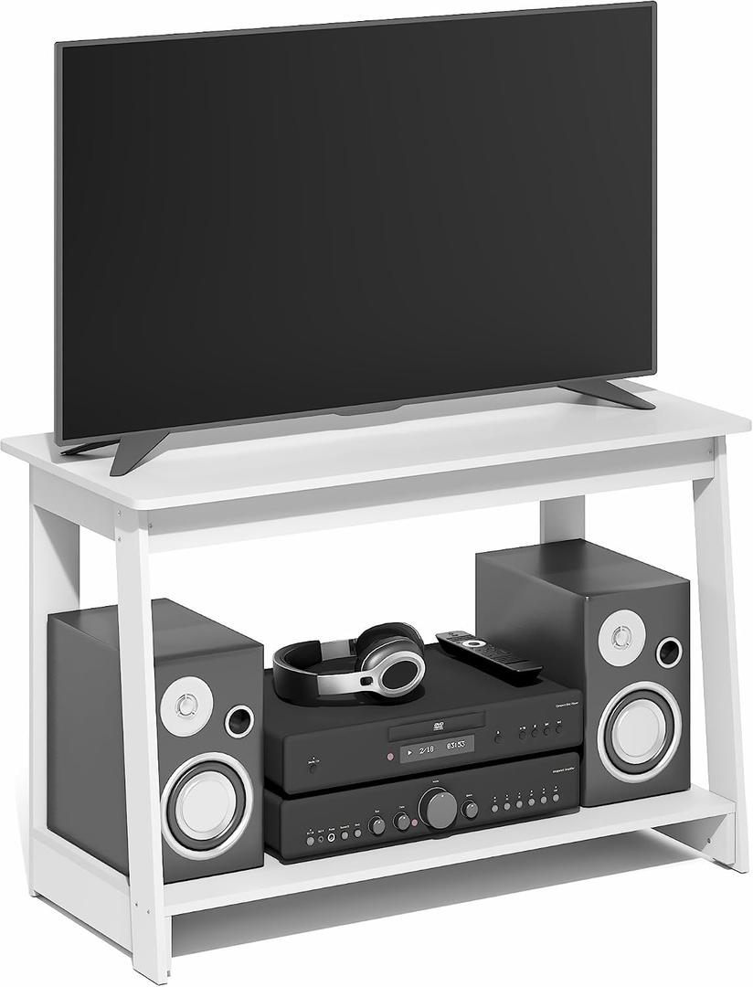 Furinno Beginning TV Stand, 2-Tier Rectangular Entertainment Center with Open Shelf, TV Console for TV up to 36 Inch, Open Back, for Living Room, Bedroom, White