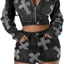 Vssjavun Women 2 Piece Denim Outfit Sexy Long Sleeve Zip Up Jean Jacket Bodycon Mini Skirt Sets, XXL