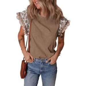 SELINK Womens Summer Ruffle Short Sleeve Top Crewneck T Shirts Floral Trim Casual Blouses Brown-L