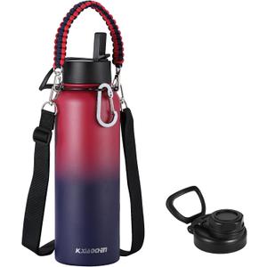 KXIAOCHEN Insulated Water Bottle, Stainless Steel Water Bottle, 2 Lids (Straw and Handle Lid),Wide Mouth Metal Water Bottles Keep Hot and Cold, Double Walled, Thermo Mug, Metal Canteen (40 Ounces, Dark Rainbow)