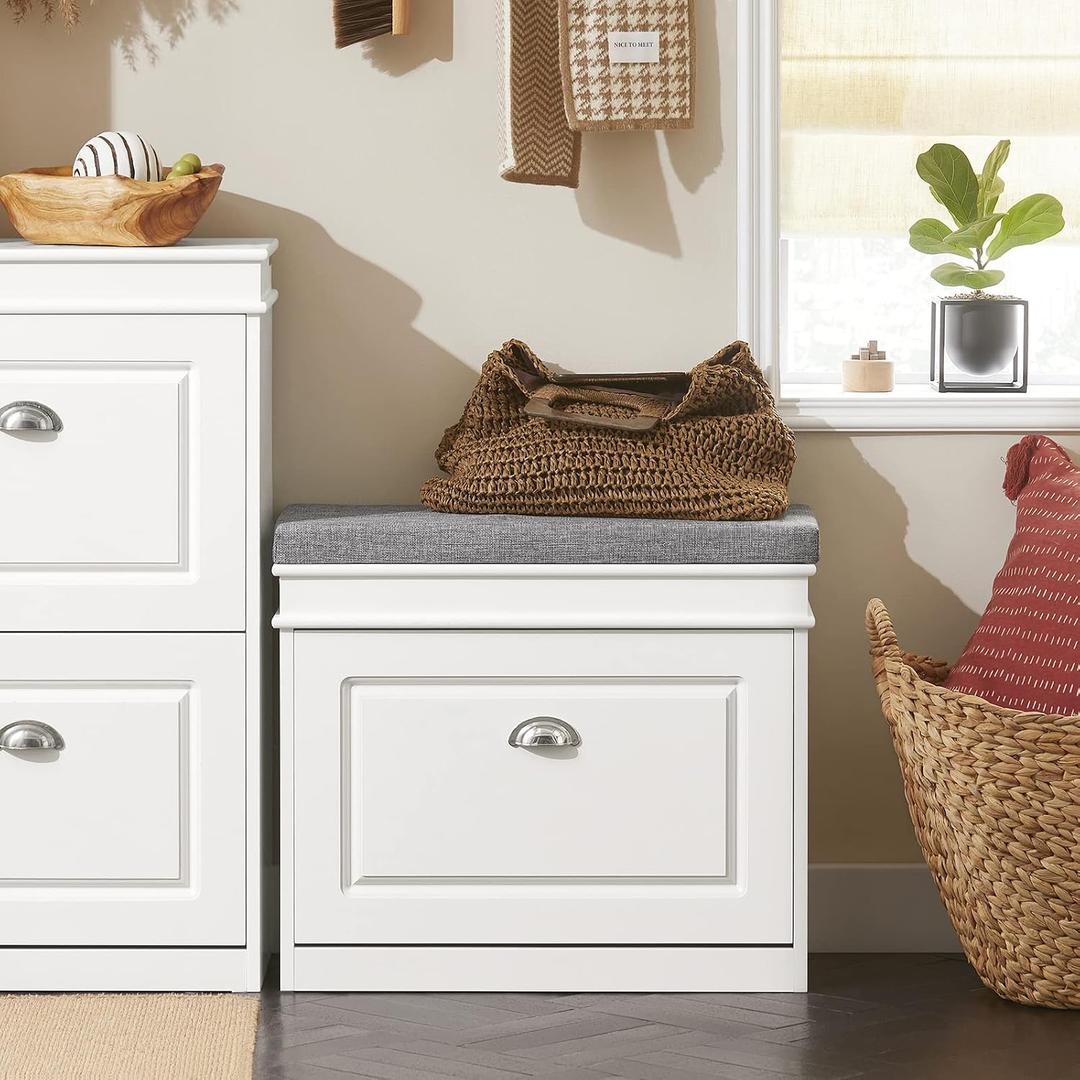 Haotian Shoe Storage Bench, Small Shoe Cabinet for Entryway, Narrow Shoe Rack with 1 Flip-Drawer and Seat Cushion, White, FSR82-K-W, 1 Drawer:24x9.4x20"