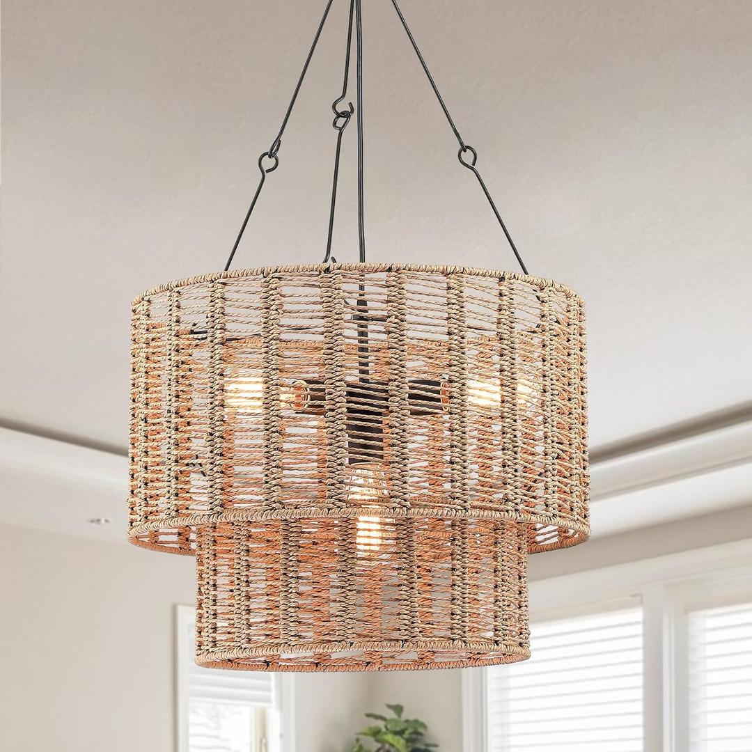 4-Light Rattan Pendant Lights,Boho Light Fixtures,Farmhouse Drum Chandelier with 2-Tier Natural Rattan Shades,Adjustable Ceiling Hanging Lamp for Kitchen Island Bedroom Dining Room,Dia.19.6'', Beige 