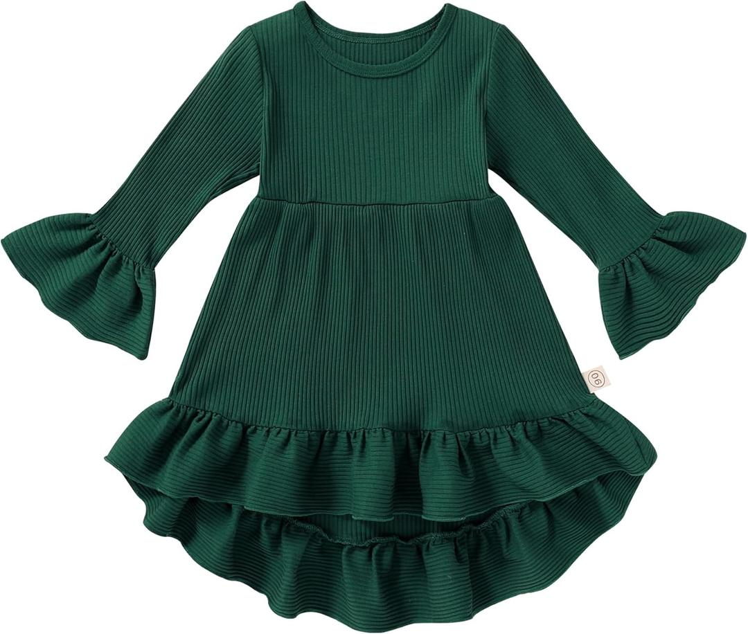 YOUNGER TREE Toddler Baby Girls Fall Clothing Solid Cotton Pit Irregular Skirt Winter Dress Long Sleeve Skirt Outfits (Green)