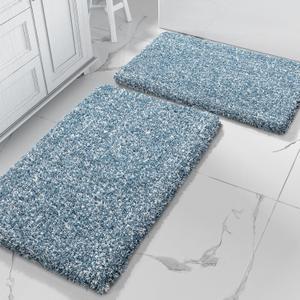 Yimobra Bathroom Rug Set 2 Piece, Soft Absorbent Microfiber Bath Mat Set, Non Slip Machine Washable Dry, Plush Shaggy Shower Rugs for Bathroom Floor, 32"x20"+24"x17", Denim Blue and White