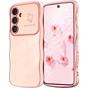 NITITOP Compatible with Samsung Galaxy A14 4G/5G Case Cute Luxury Women Girls Men with Love Heart Electroplated Pattern Curly Wave Frame Raised Camera Shockproof Protection Cover-Pink
