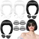 PLULON 4 Pcs Colorful Bob Wigs with Heart Plastic Sunglasses Hair Cap for Women Men, Black White Neon Short Bob Wig Colored Funny Cosplay Hair for Daily Bachelorette Halloween Costume Party Decor