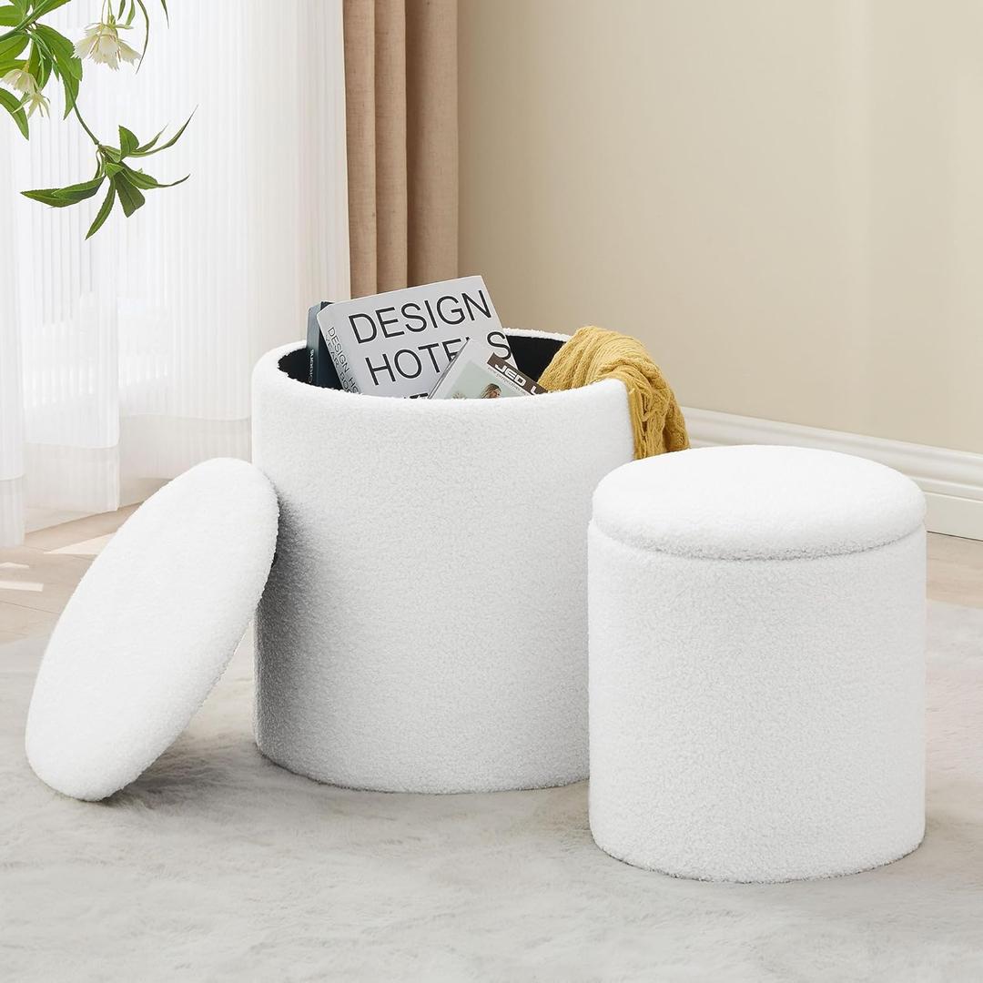 Round Set of 2 Ottoman with Storage, Boucle Storage Ottoman Foot Stool, Soft Teddy Upholstered Small Vanity Stool, Ottomans Coffee Table Padded Seat Foot Rest for Living Room Bedroom, White (14.8"D x 14.8"W x 17.3"H)