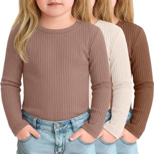 3 Pack Toddler Girls Long Sleeve Shirts Baby Ribbed Girls Layering Undershirts Crew Neck Basic Tee Slim Fit Tops 8-9Y