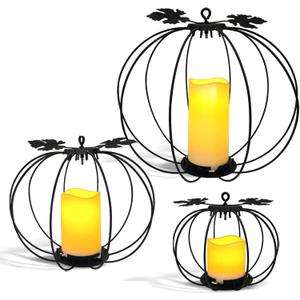 Halloween Light Up Pumpkin Lantern, 3 Pcs Metal Black Pumpkin Candle Holders with Timer Flickering Yellow LED Candle Lights for Thanksgiving Halloween Harvest Fall Home Decor