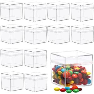 Leinuosen 50 Pcs 2 x 2 x 2 Inch Clear Acrylic Plastic Box with Lid Square Candy Containers for Party Favors Small Square Cube Storage Candy Box for Pill Tiny Earring Jewelry Herb Bead Gifts