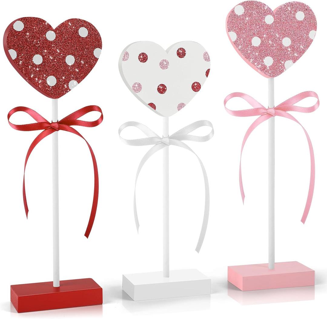 3 Pieces Valentine's Day Table Decorations Wooden Heart Set,Rustic Valentine's Day Tiered Tray Decor for Home Tables (Dot)
