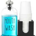 Glass Mouthwash Dispenser for Bathroom, 16 OZ Mouthwash Dispenser with Pour Spout and Wood Cup Holder and Tray, Mouth Wash Bottle Container, Black Kitchen Bathroom Decor and Accessories