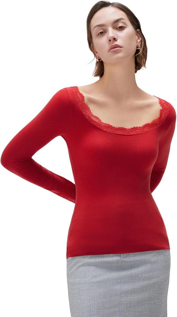 SUUKSESS Cloud Cashmere Women Lace Scoop Neck Tops Basic Long Sleeve Knit Shirts (Red, M)