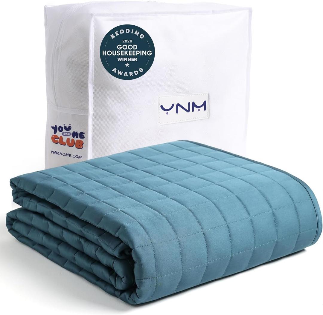 YnM Exclusive Weighted Blanket, Soothing Organic Long Stapled Cotton, Bed Blanket for One Person of 140lbs, Ideal for Queen/King Bed (60x80 Inches, 15 Pounds, Peacock/Grey Reversible)