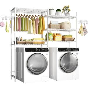 Ulif U5 Over the Washer and Dryer Storage Shelf, Laundry Room Space Saver Bathroom Storage and Organizer Rack for Hanging Towels and Drying Clothes with 5 Wire Shelves, 58.2"W x 13.4"D x 77.5"H, White