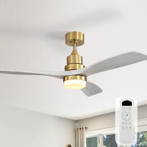 Sofucor 52 Inch Ceiling Fan with Lights and Remote Control-Modern Solid Wood Blade Ceiling Fan for Bedroom Living Room Indoor Outdoor Farmhouse Patio, Quiet DC Motor, Grey Gold