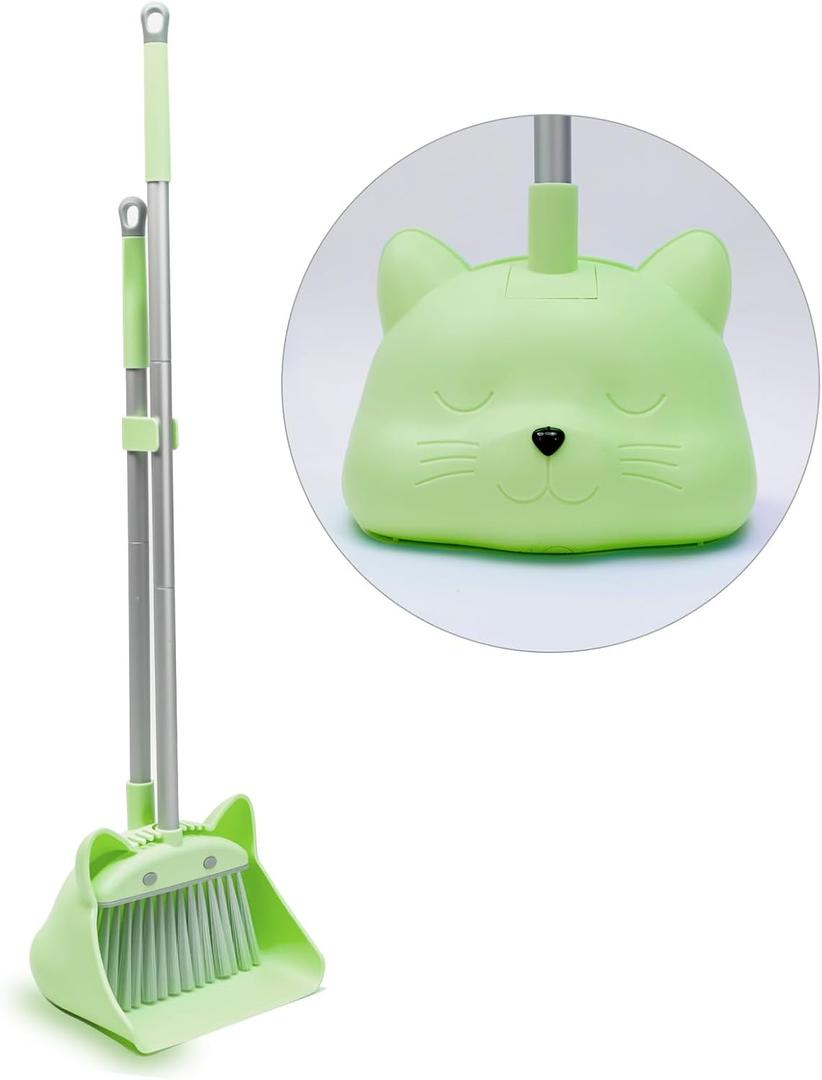28'' Kids Mini Broom and Dustpan Set - Toddler Cleaning Toy, Toddler Household Helper, Parent-Child Interactive Play Cleaning Tool, Cute Cartoon Design, Small Safe Corner Broom (Green Sprout)