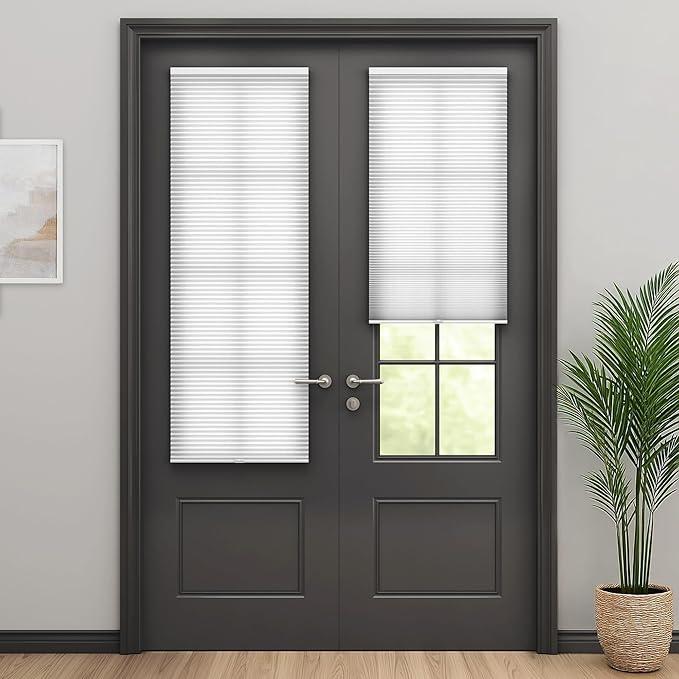 LazBlinds Cordless Cellular Shades for French Doors, No Drill French Door Blinds for Privacy, Light Filtering Honeycomb Shades for Front Door Patio Sliding Glass Door, 1 Pack, 12" W x 70" H, White