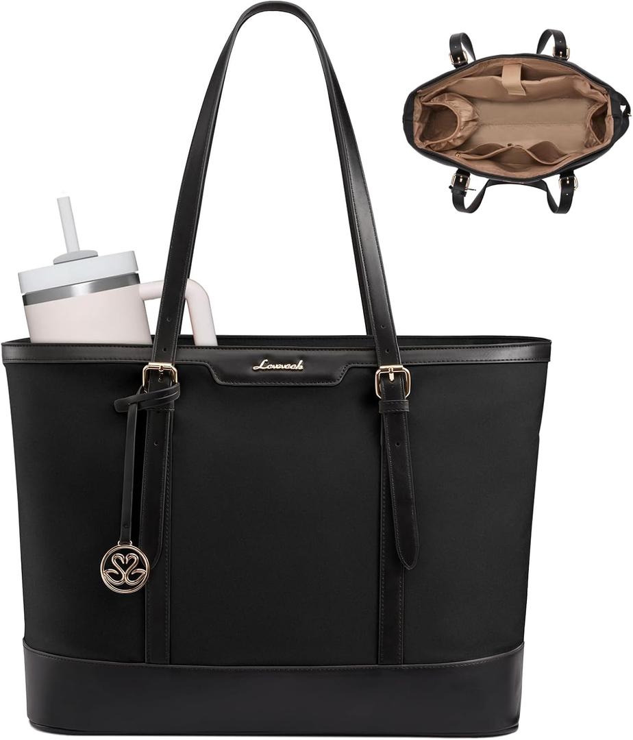 LOVEVOOK Work Tote Bag for Women 17.3 Inch Laptop Computer Bags with Cup Holder, Large Teacher Bag Briefcase for Business Office Travel Black, Nylon&PU