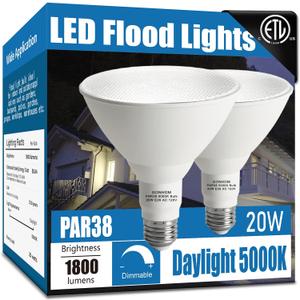 Par38 led Flood Lights Outdoor Light Bulb,Dimmable 1800LM,20W Replace up to 200W,Outdoor Flood Light Bulbs for Backyard,Garage,Porch,Garden,2 Pack 5000K Daylight