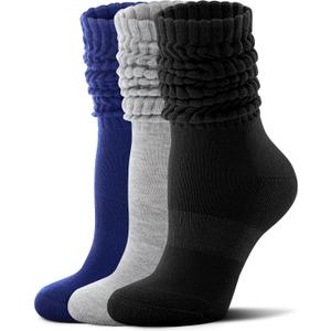 FITRELL Slouch Socks for Women, 3 Pairs Soft Cotton Knee High Scrunch Tube Boot Socks (9-11, Navy+light Grey+black)