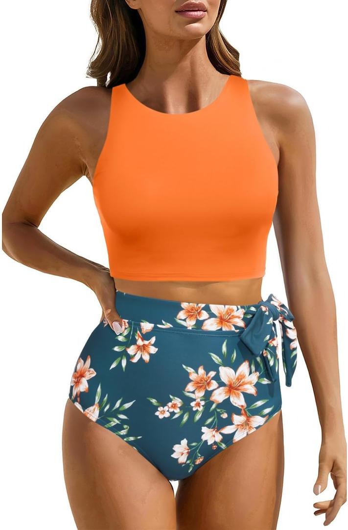 Aqua Eve Women High Waisted Bikini Set Racerback Swimsuit Two Piece Bathing Suit High Neck Swimwear (Medium, Orange Flowers)
