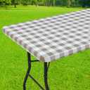 Smiry Rectangle Picnic Table Cloth, Elastic Waterproof Fitted Vinyl Tablecloths, Flannel Backed Buffalo Plaid Table Covers for Dining, Camping, Outdoor (White and Khaki, 36" x 96")