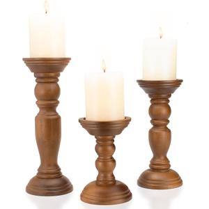 Rustic Wooden Pillar Candle Holders Set of 3, 12'' 9'' 6'' Farmhouse Wood Candle Stand for Table Centerpieces, Vintage Tall Candleholders Fireplace Mantel Decor for Living Room, Brown
