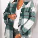 SHEWIN Womens Long Sleeve Button Down Plaid Shirts Flannel Hooded Shacket Jacket Hoodie Coats (Green, XXL)