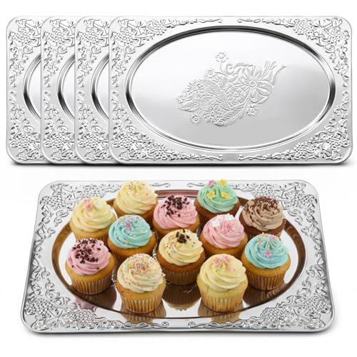 4 Pcs Silver Serving Trays Set 13.8" x 8.5" Small Stainless Steel Serving Tray Oval Floral Engraved Tray Heavy Duty Metal Serv ing Trays for Coffee Table, Bar, Party, Club, Home