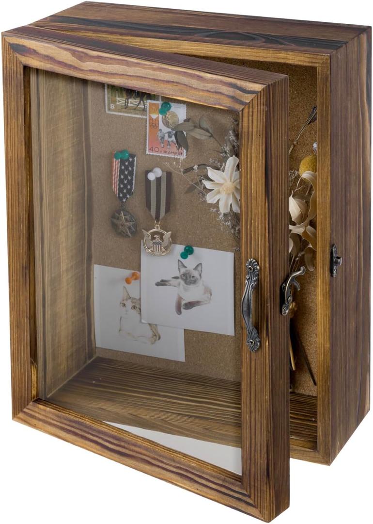 MyGift 11x14 Deep Shadow Box Frame with Cork Board Backing and Acrylic Paneled Cursive Hinged Door, Rustic Burnt Wood Wall Mounted Shadow Box Display Case Cabinet