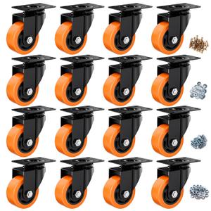 3 Inch Caster Wheels, Casters Set of 16 Heavy Duty, Orange Polyurethane (PU) Casters, Industrial Swivel Top Plate Castor Wheels for Workbench/Furniture/Cart (Pack of 16)