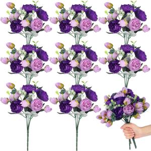 Yunsailing 8 Pack Artificial Peony Flowers Faux Silk Hydrangea Bouquet Wedding Home Table Decor Reusable Bouquet of Rose Flower for Birthday Wedding(Dark Purple Peach Pink)