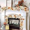 Neutral Fall Garland for Mantle Fireplace - 2 Pack 6Ft Outdoor Autumn Leaves Decor for Home Front Door with Pumpkins Indoor Maple for Farmhouse Table Stairs Porch Halloween Thanksgiving Decorations