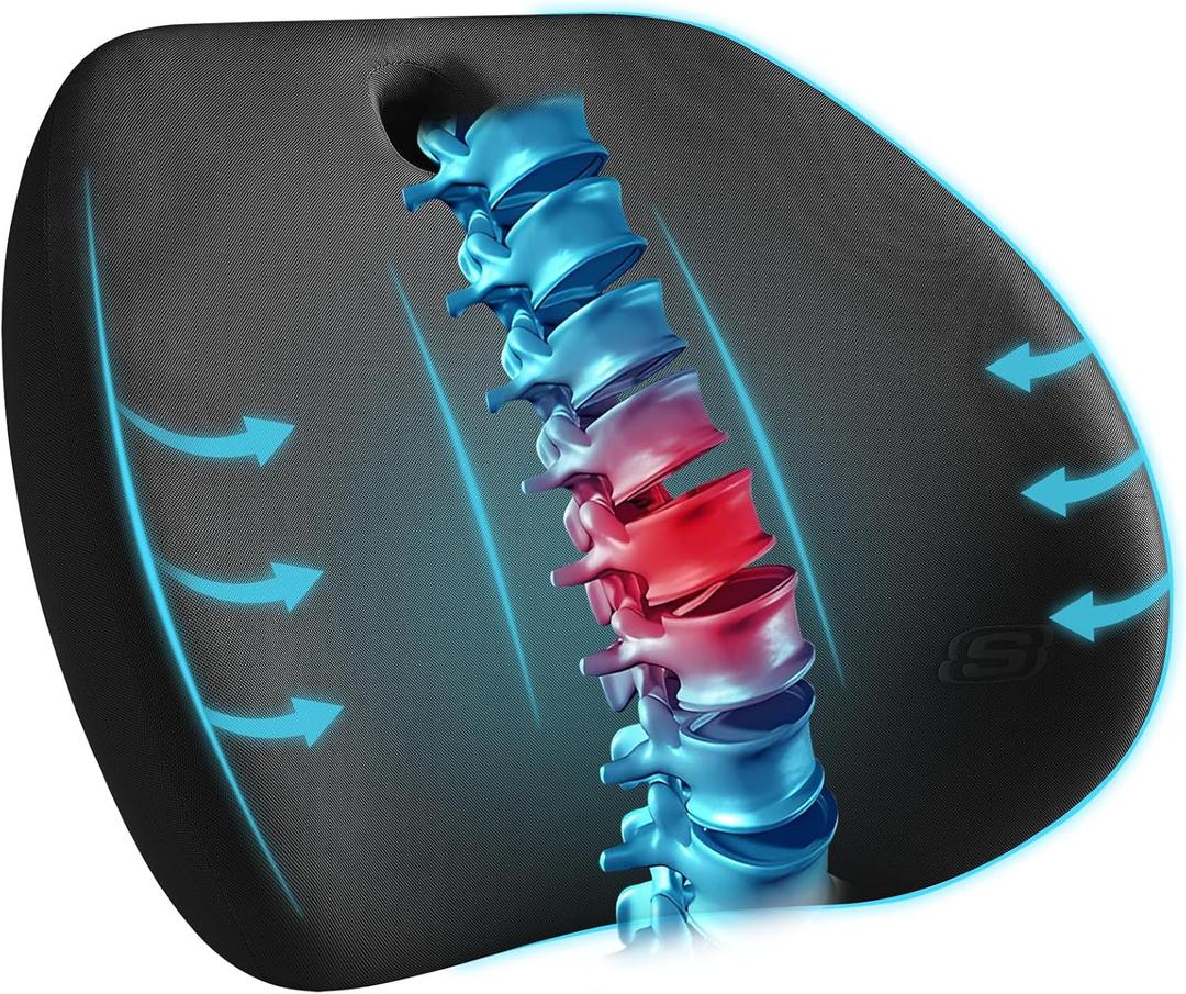 Skechers Lumbar Support Pillow for Office Chair, Memory Foam Lumbar Pillow, Lower Back Pain Relief Lumbar Pillow, Ergonomic Design Back Support Pillow for Office Chair, Car, Home, Travel, Black
