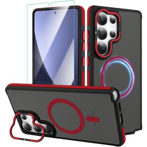 AIGOMARA Magnetic for Samsung Galaxy S25 Ultra Case with Invisible Camera Stand, [Compatible with Magsafe] [Military-Grade Protection] Slim Anti Scratch Protective Case Women Girls 6.9", Black/Red