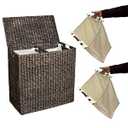 BirdRock Home Water Hyacinth Laundry Hamper Divided Interior (Espresso) | Eco-Friendly | Made of Hand Woven Hyacinth Fibers | Includes Two Removable Cotton Liners Bag | Wicker Laundry Basket with Lid