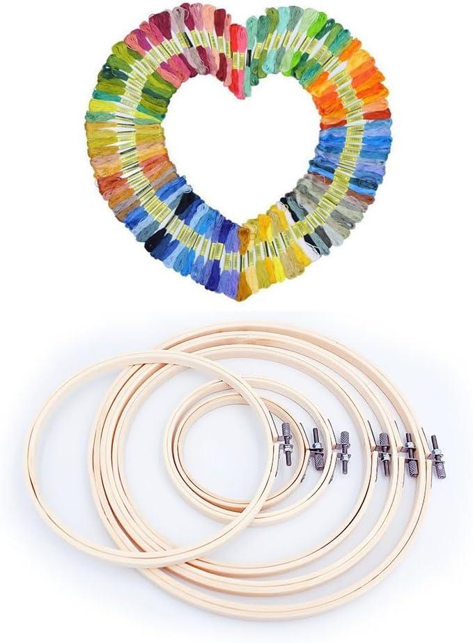 Embroidery Kit for Beginners Adult, 6 PCS Bamboo Embroidery Hoops and 50 Color Threads, Cross Stitch Tools Set, Adjustable Cross Stitch Hoop, Cross Stitch Supplies Friendship Bracelets String
