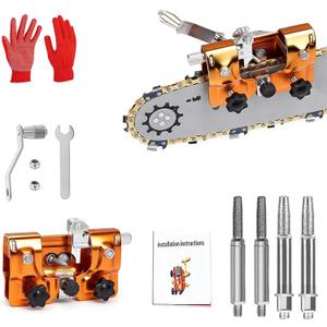 Chainsaw Sharpener Jig Kit Portable Chain Saw Sharpening Tool Universal Hand Crank Chain Saw Blade Sharpener, with 4 Burrs, Gloves & Cleaning Brush for 4"- 22" Saw Chain