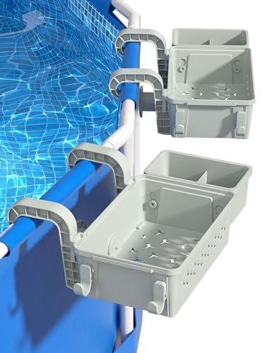 SUMMERBUDDY 2 Sets Upgrade Poolside Storage Basket, Above Ground Pool Storage Basket with Pool Cup Holder, For Steel Round or Oval Frame Above Ground Pools, Fits 3 Inch or Less Top Rail