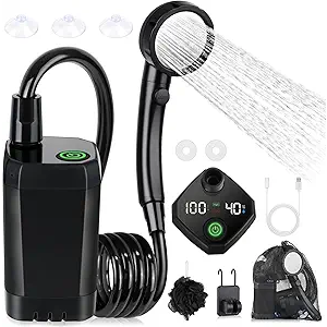 Spopal Portable Shower for Camping, [LongLasting] 6000mAh Rechargeable Camping Shower with Intelligent LED Display, 4 Spray Modes, IPX7 Waterproof Outdoor Camp Pump for Hiking, Travel, Car, Pet